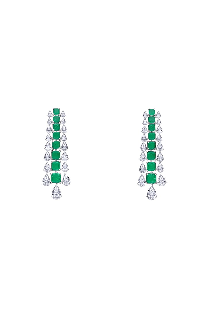White Finish Emerald Stone & Swarovski Zirconia Dangler Earrings In Sterling Silver by Diosa Paris Jewellery at Pernia's Pop Up Shop