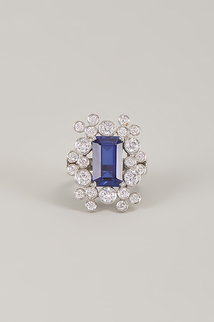 Silver Finish Zircon & Blue Stone Ring In Sterling Silver by Diosa Paris Jewellery at Pernia's Pop Up Shop