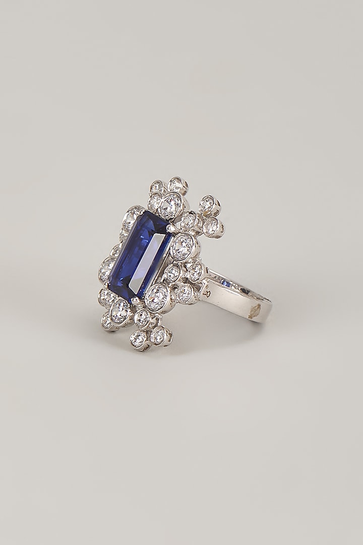 Silver Finish Zircon & Blue Stone Ring In Sterling Silver by Diosa Paris Jewellery at Pernia's Pop Up Shop