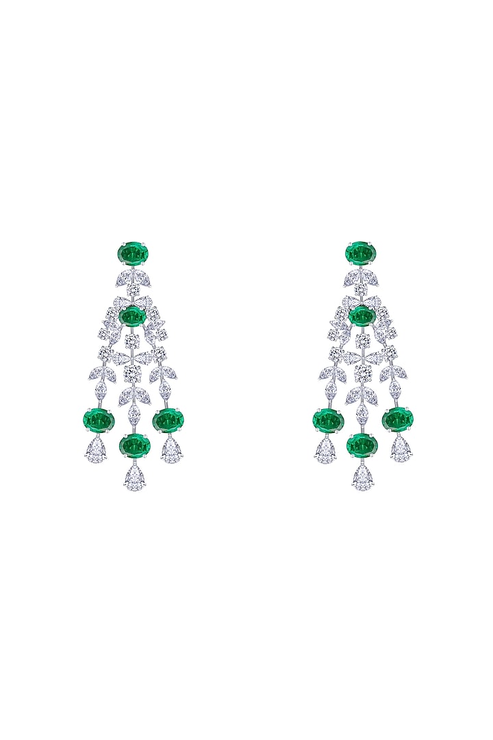 White Finish Emerald Stone & Swarovski Zirconia Chandelier Earrings In Sterling Silver by Diosa Paris Jewellery at Pernia's Pop Up Shop