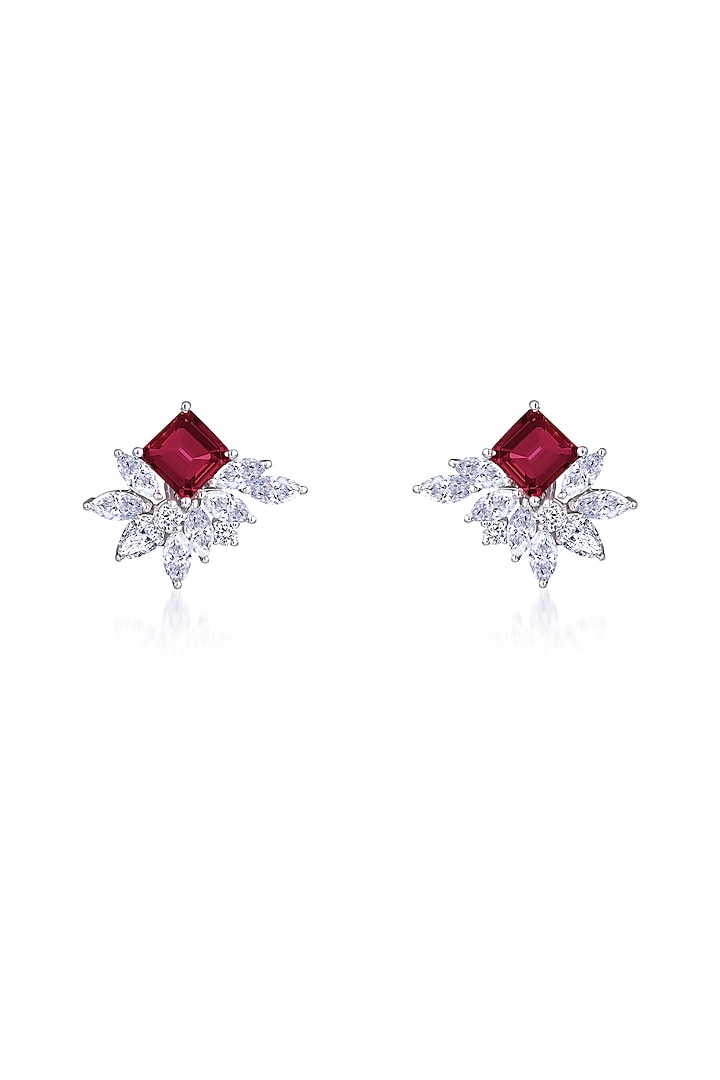 White Finish Ruby Stone & Swarovski Zirconia Stud Earrings In Sterling Silver by Diosa Paris Jewellery at Pernia's Pop Up Shop
