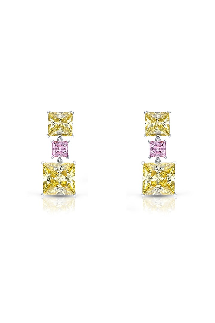 White Finish Pink & Yellow Swarovski Zirconia Dangler Earrings In Sterling Silver by Diosa Paris Jewellery at Pernia's Pop Up Shop