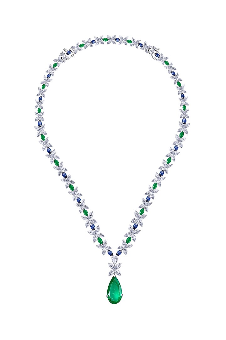 White Finish Emerald Stone & Swarovski Zirconia Necklace In Sterling Silver by Diosa Paris Jewellery at Pernia's Pop Up Shop