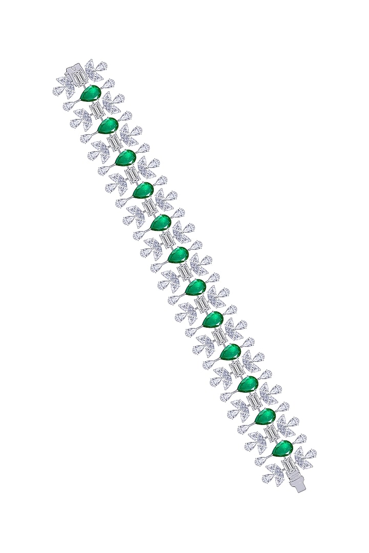 White Finish Emerald Stone & Swarovski Zirconia Cuff Bracelet by Diosa Paris Jewellery at Pernia's Pop Up Shop
