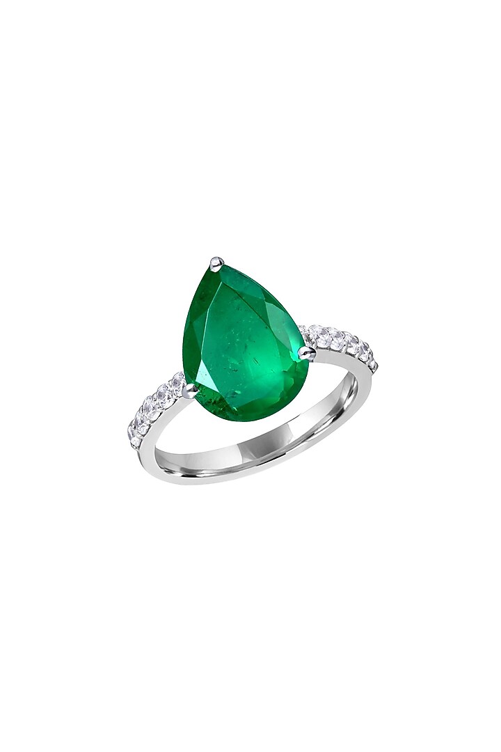 White Finish Pear-Shaped Emerald Stone & Swarovski Zirconia Ring In Sterling Silver by Diosa Paris Jewellery at Pernia's Pop Up Shop
