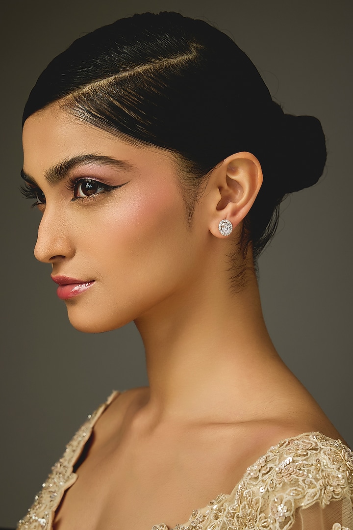 White Finish White Stone Stud Earrings In Sterling Silver by Diosa Paris Jewellery at Pernia's Pop Up Shop