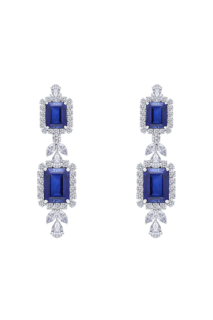 White Finish Sapphire Stone & Swarovski Zirconia Earrings In Sterling Silver by Diosa Paris Jewellery at Pernia's Pop Up Shop