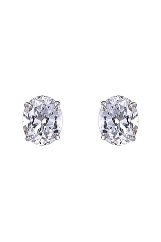 White Finish Oval-Shaped Swarovski Zirconia Solitaire Stud Earrings In Sterling Silver by Diosa Paris Jewellery