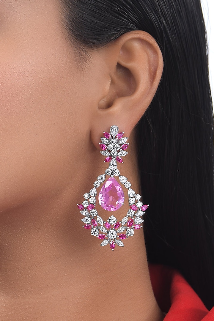 White Finish White & Pink Swarovski Zirconia Earrings In Sterling Silver by Diosa Paris Jewellery at Pernia's Pop Up Shop