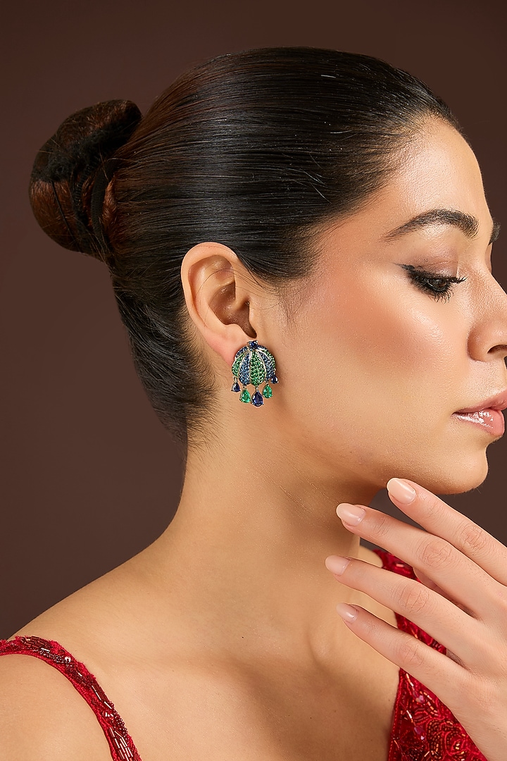 White Finish Blue & Green Stone Stud Earrings In Sterling Silver by Diosa Paris Jewellery at Pernia's Pop Up Shop