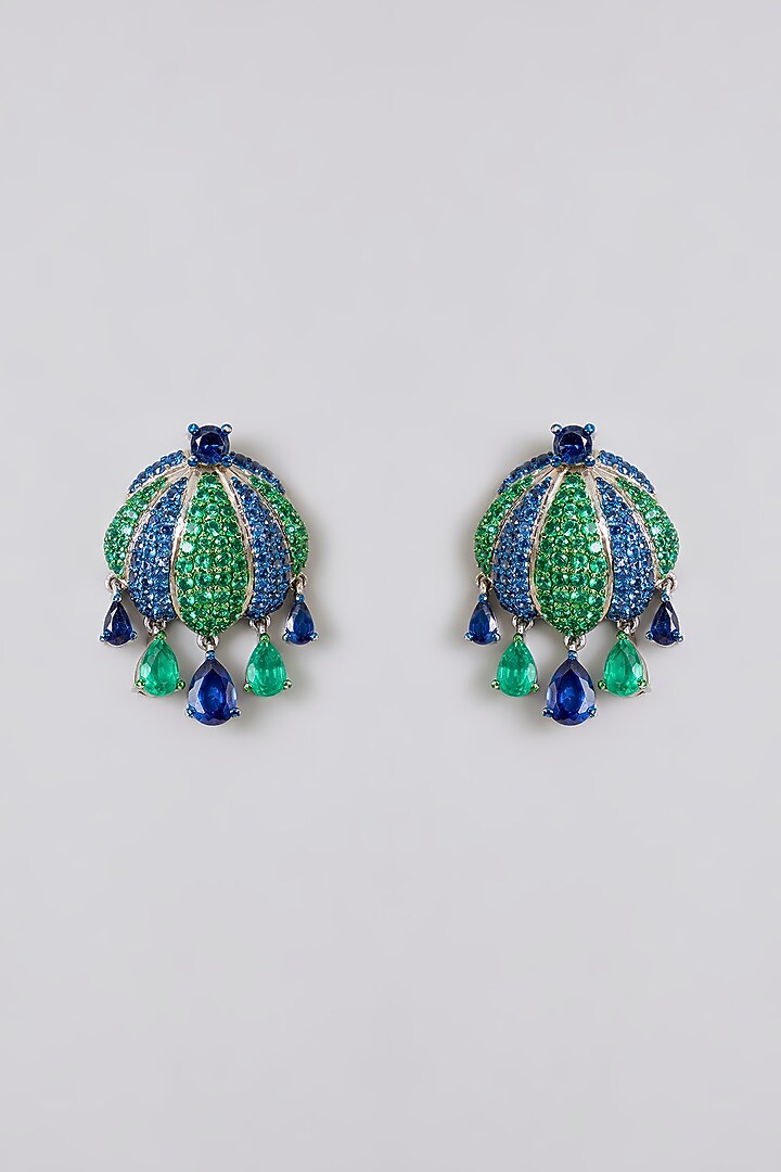 White Finish Blue & Green Stone Stud Earrings In Sterling Silver by Diosa Paris Jewellery at Pernia's Pop Up Shop