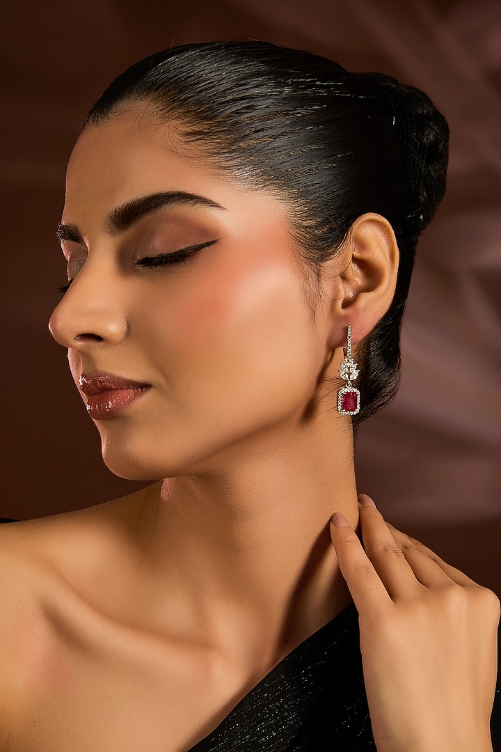 White Finish Red Stone Dangler Earrings In Sterling Silver by Diosa Paris Jewellery at Pernia's Pop Up Shop