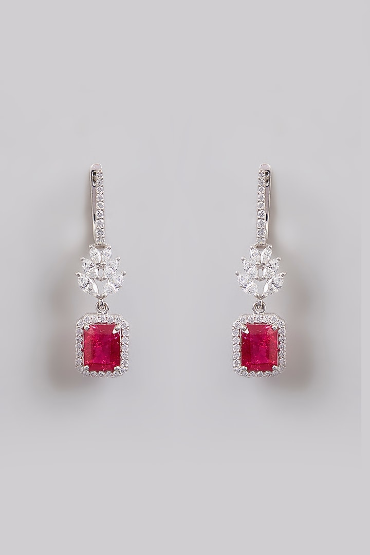 White Finish Red Stone Dangler Earrings In Sterling Silver by Diosa Paris Jewellery at Pernia's Pop Up Shop