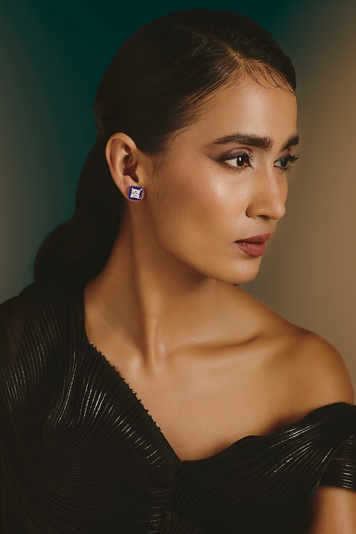 White Finish Blue Stone Stud Earrings In Sterling Silver by Diosa Paris Jewellery at Pernia's Pop Up Shop