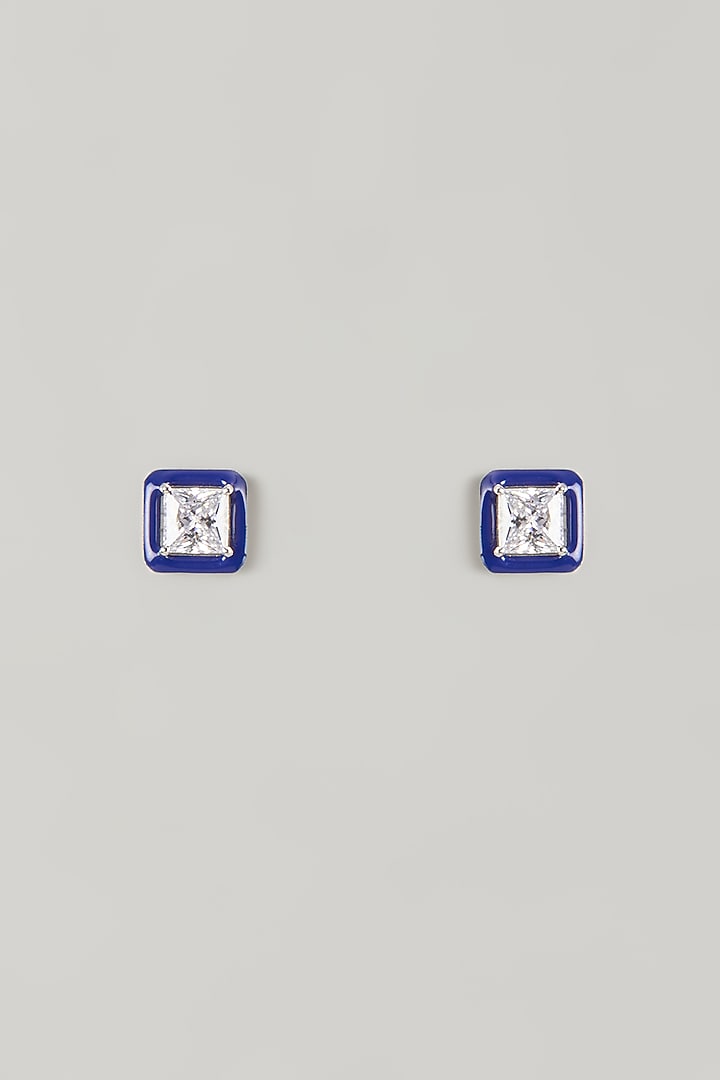 White Finish Blue Stone Stud Earrings In Sterling Silver by Diosa Paris Jewellery at Pernia's Pop Up Shop