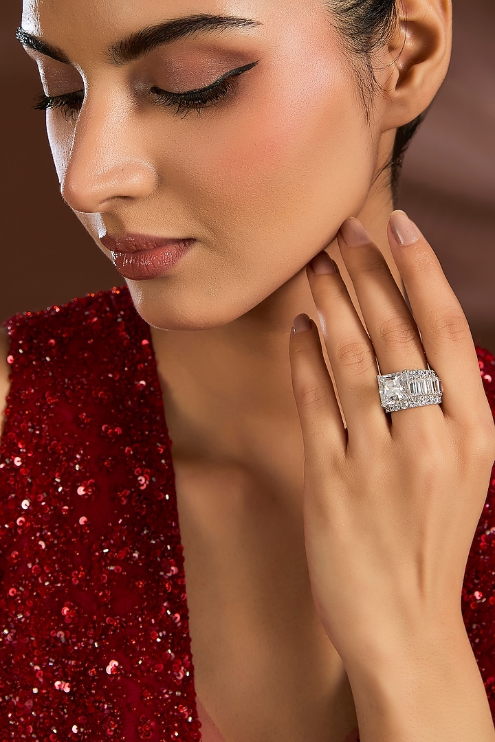 White Finish White Stone Ring In Sterling Silver by Diosa Paris Jewellery at Pernia's Pop Up Shop