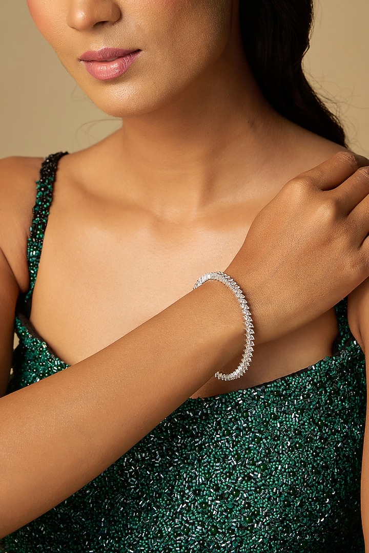 White Finish White Stone Bangle In Sterling Silver by Diosa Paris Jewellery at Pernia's Pop Up Shop