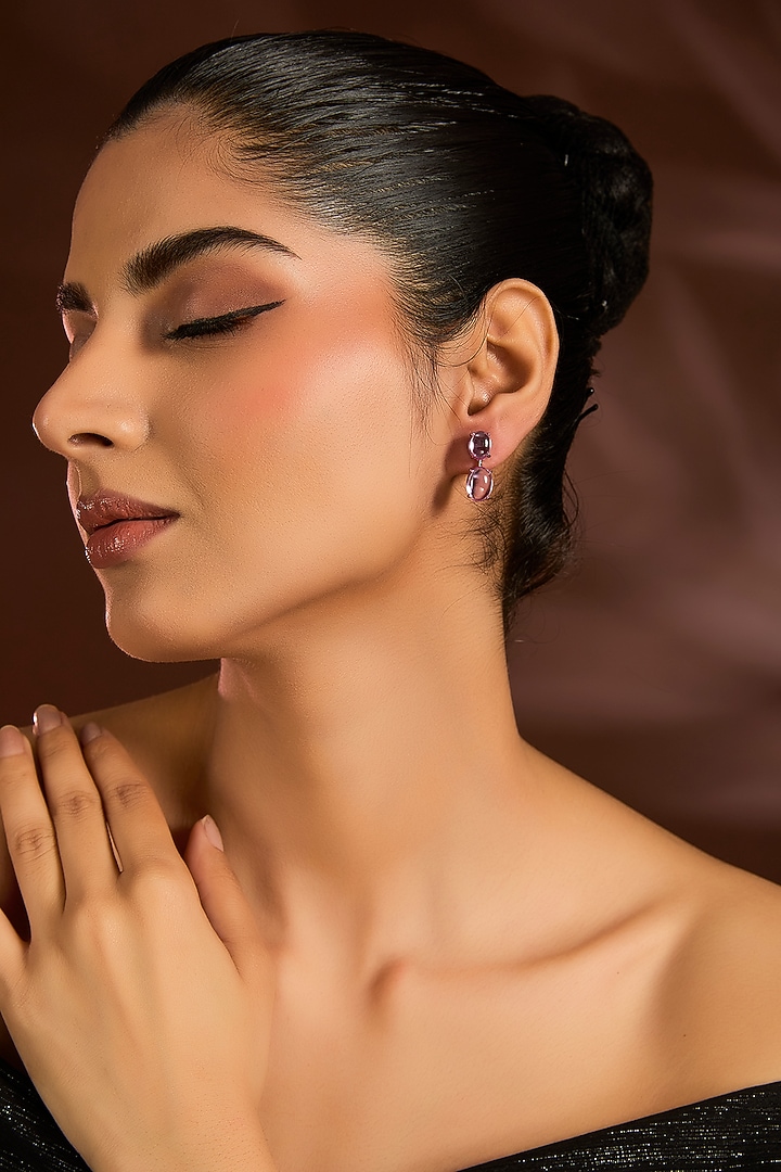 White Finish Pink Stone Dangler Earrings In Sterling Silver by Diosa Paris Jewellery at Pernia's Pop Up Shop