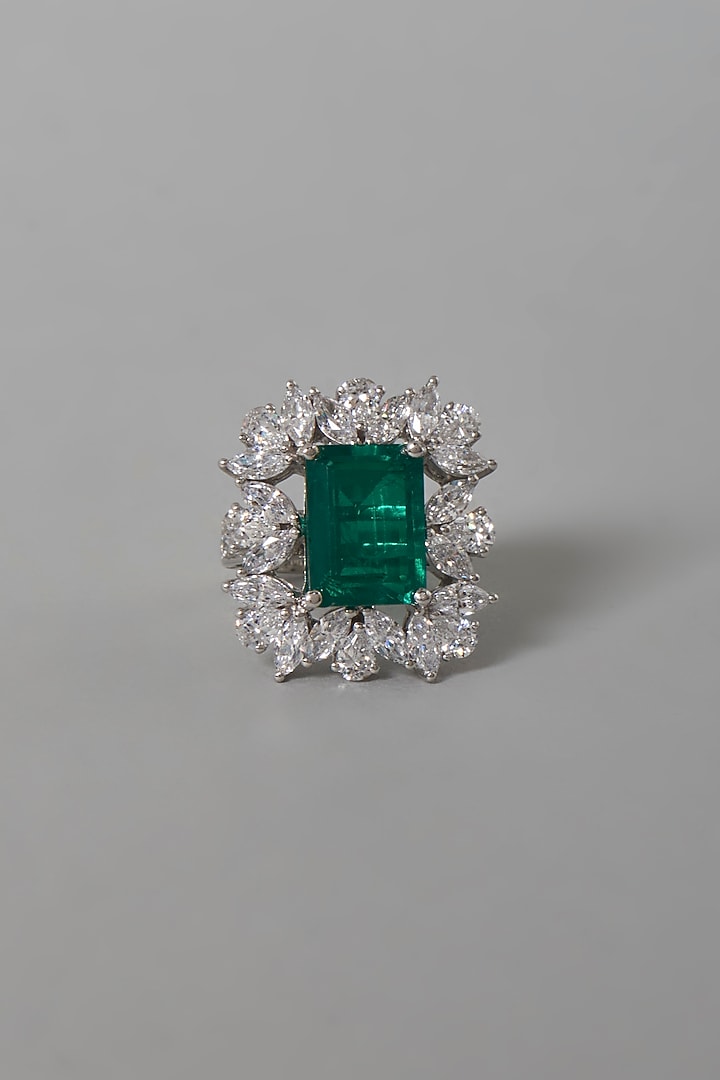 White Finish Green & White Swarovski Zirconia Ring In Sterling Silver by Diosa Paris Jewellery at Pernia's Pop Up Shop