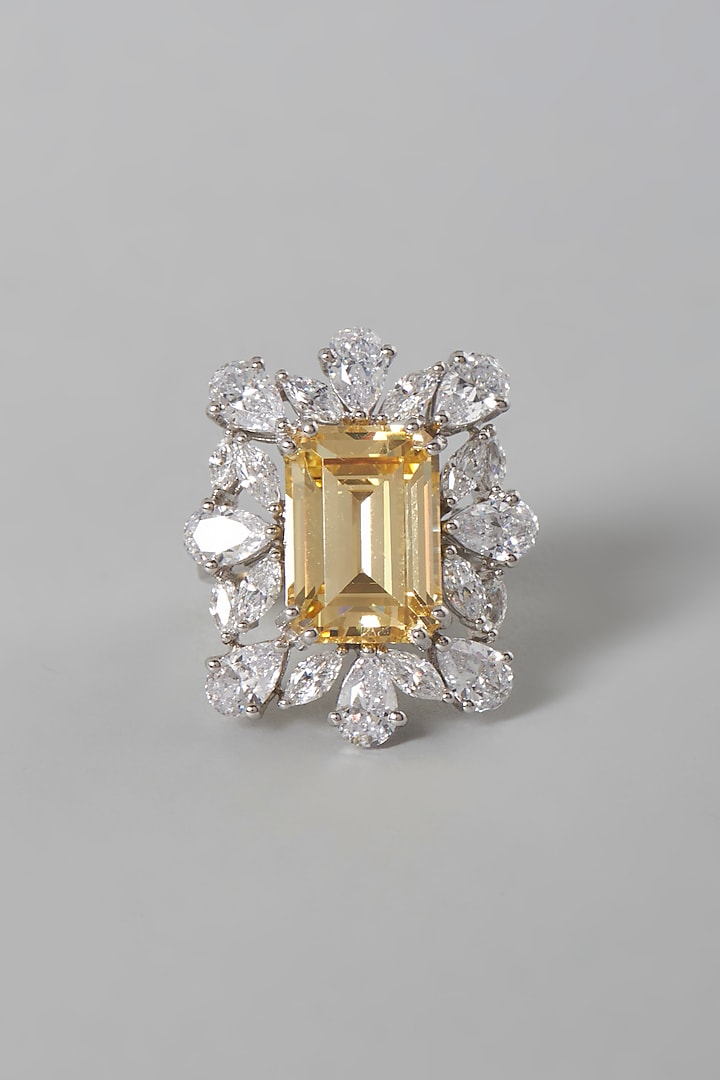 White Finish Yellow & White Swarovski Zirconia Ring In Sterling Silver by Diosa Paris Jewellery at Pernia's Pop Up Shop