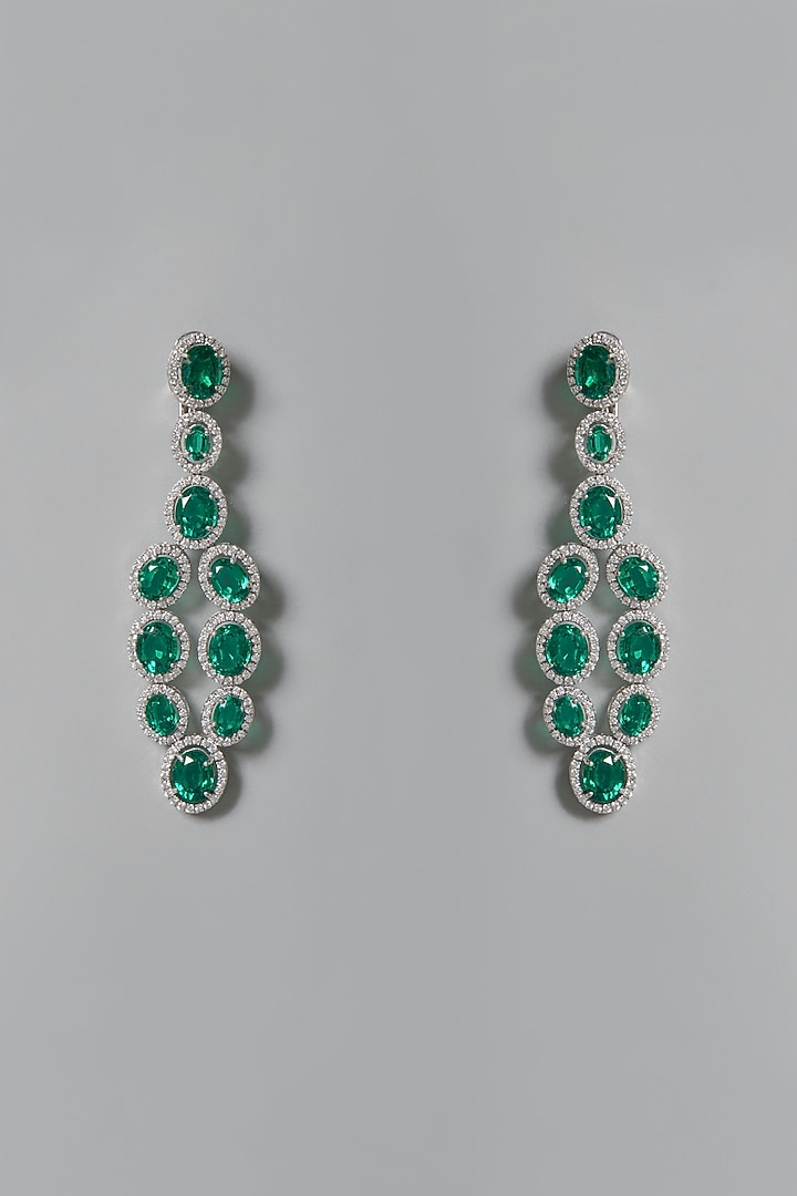White Finish Green & White Swarovski Zirconia Dangler Earrings In Sterling Silver by Diosa Paris Jewellery at Pernia's Pop Up Shop