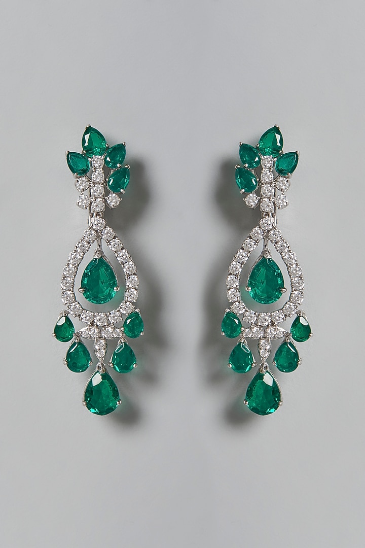 White Finish White & Green Swarovski Zirconia Dangler Earrings In Sterling Silver by Diosa Paris Jewellery at Pernia's Pop Up Shop