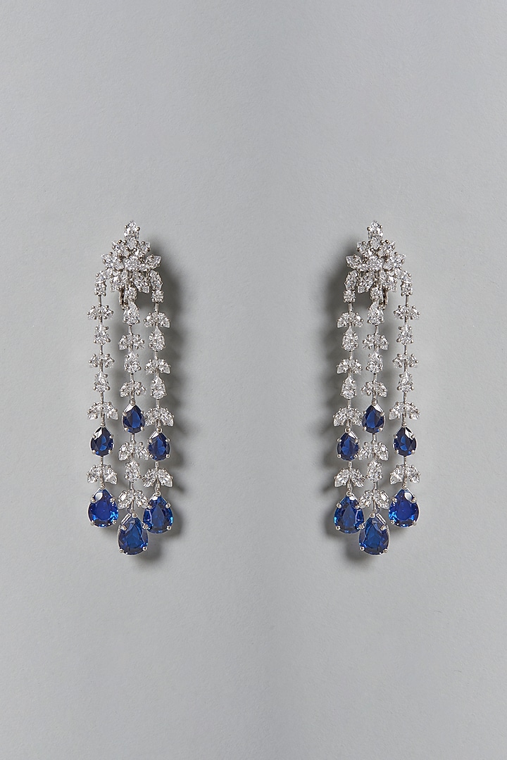 White Finish Blue & White Swarovski Zirconia Dangler Earrings In Sterling Silver by Diosa Paris Jewellery at Pernia's Pop Up Shop