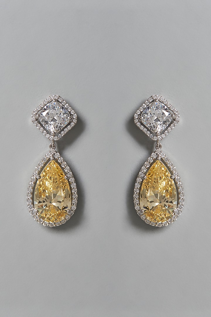 White Finish Yellow & White Swarovski Zirconia Dangler Earrings In Sterling Silver by Diosa Paris Jewellery at Pernia's Pop Up Shop