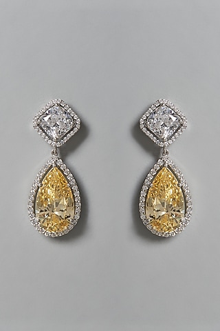White Finish Yellow & White Swarovski Zirconia Dangler Earrings In Sterling Silver by Diosa Paris Jewellery