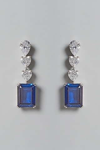 White Finish White & Blue Swarovski Zirconia Dangler Earrings In Sterling Silver by Diosa Paris Jewellery