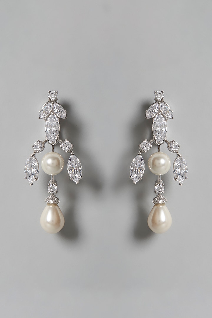White Finish Pearl & Swarovski Zirconia Dangler Earrings In Sterling Silver by Diosa Paris Jewellery at Pernia's Pop Up Shop