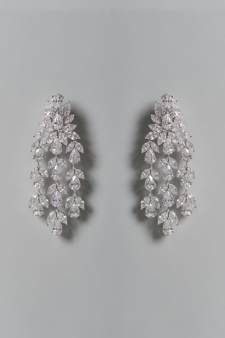 White Finish Swarovski Zirconia Floral Dangler Earrings In Sterling Silver by Diosa Paris Jewellery at Pernia's Pop Up Shop
