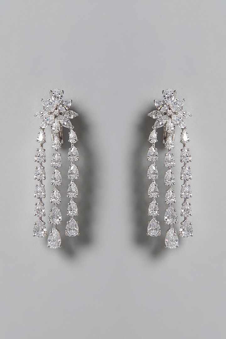 White Finish Swarovski Zirconia Floral Dangler Earrings In Sterling Silver by Diosa Paris Jewellery at Pernia's Pop Up Shop