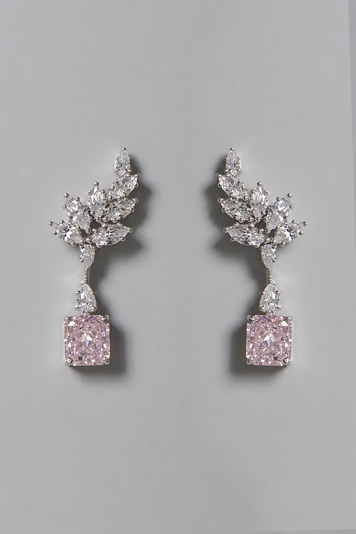 White Finish White & Pink Swarovski Zirconia Dangler Earrings In Sterling Silver by Diosa Paris Jewellery at Pernia's Pop Up Shop