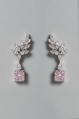 White Finish White & Pink Swarovski Zirconia Dangler Earrings In Sterling Silver by Diosa Paris Jewellery