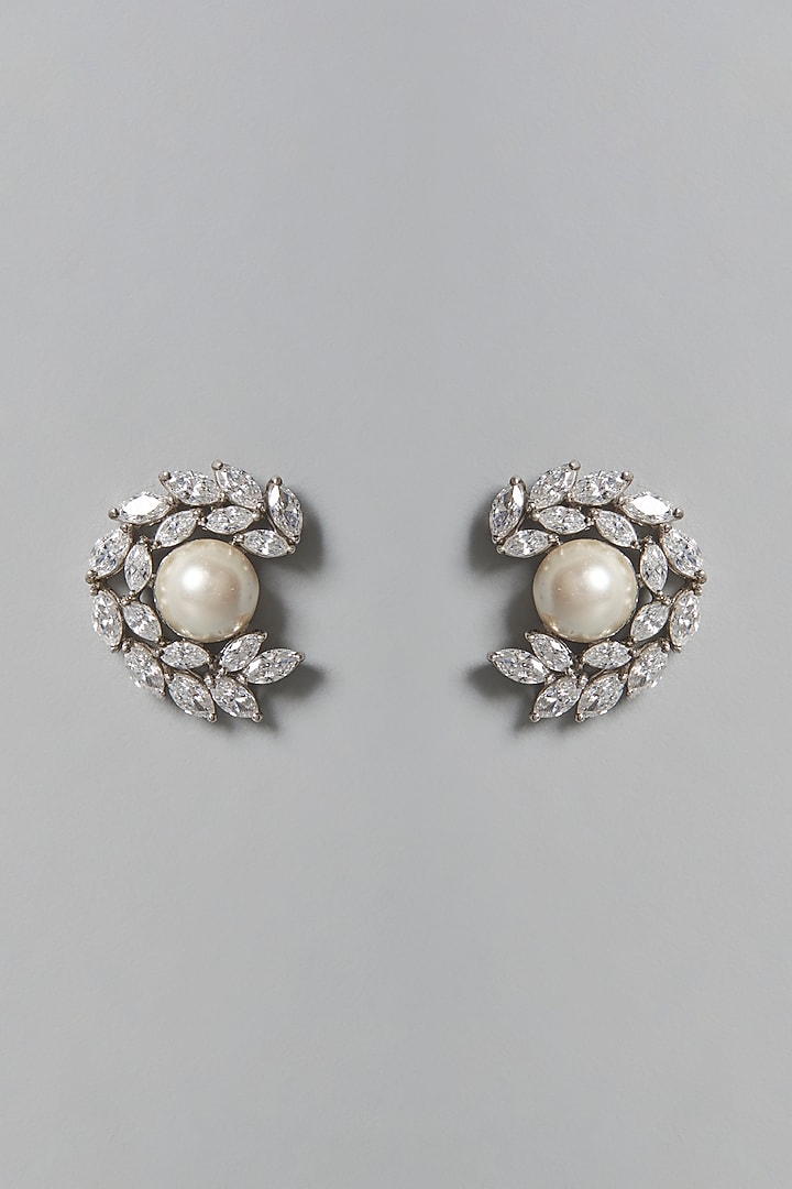 White Finish Pearl & Swarovski Zirconia Stud Earrings In Sterling Silver by Diosa Paris Jewellery at Pernia's Pop Up Shop