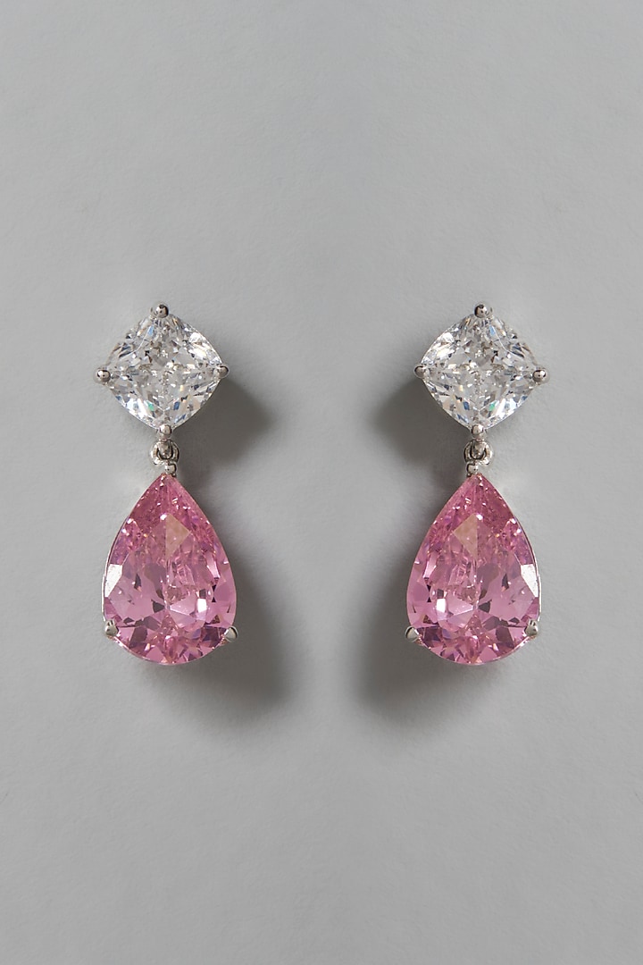 White Finish Pink & White Swarovski Zirconia Dangler Earrings In Sterling Silver by Diosa Paris Jewellery at Pernia's Pop Up Shop