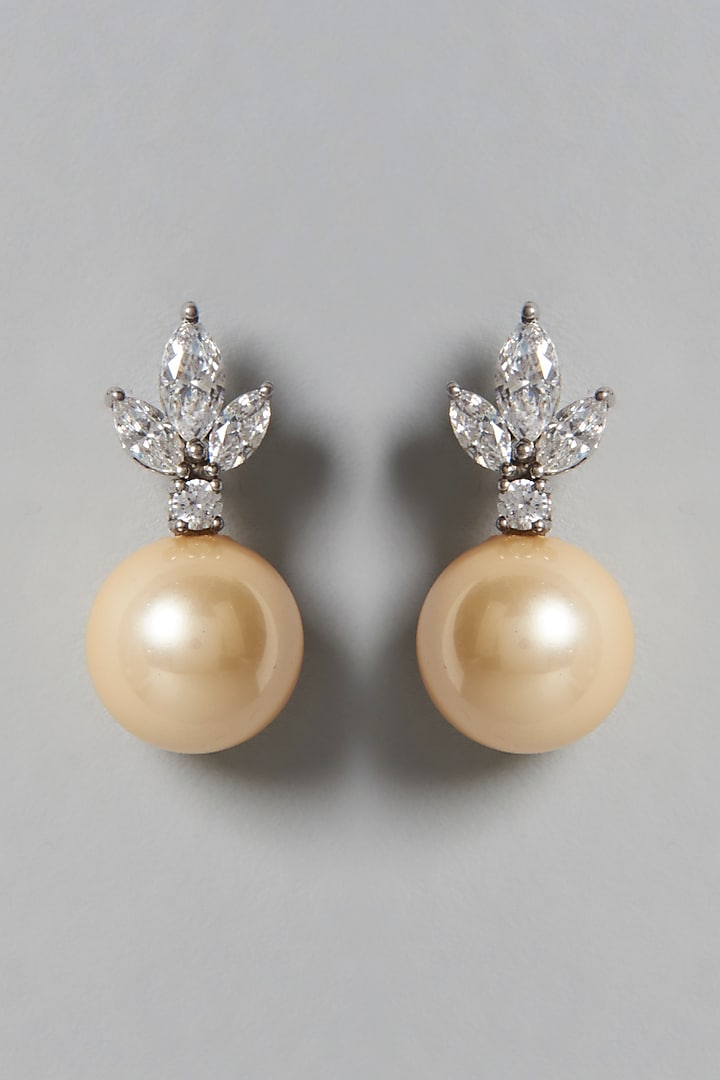 White Finish Swarovski Zirconia & Gold Pearl Dangler Earrings In Sterling Silver by Diosa Paris Jewellery at Pernia's Pop Up Shop