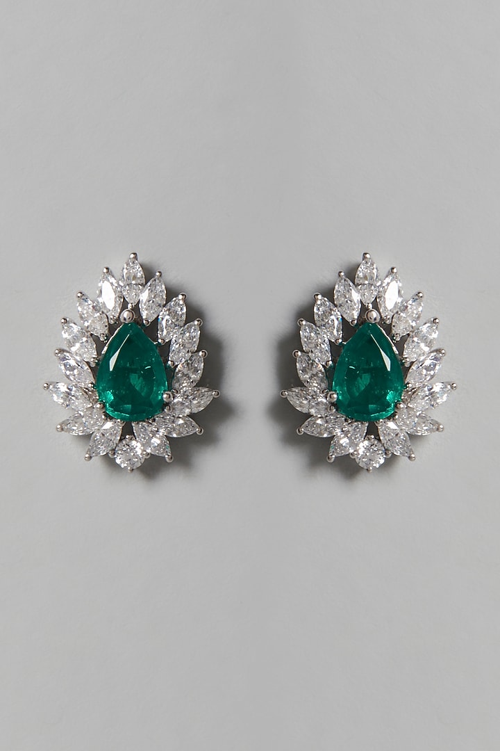 White Finish White & Green Swarovski Zirconia Stud Earrings In Sterling Silver by Diosa Paris Jewellery at Pernia's Pop Up Shop