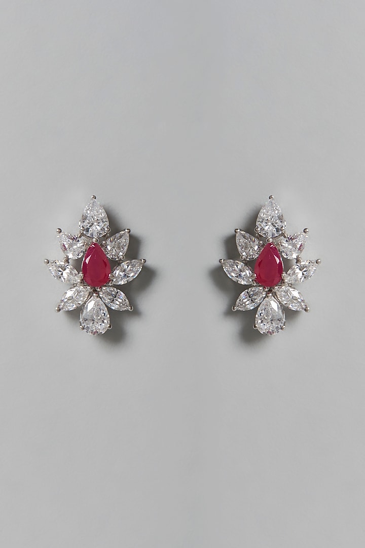White Finish Red & White Swarovski Zirconia Stud Earrings In Sterling Silver by Diosa Paris Jewellery at Pernia's Pop Up Shop