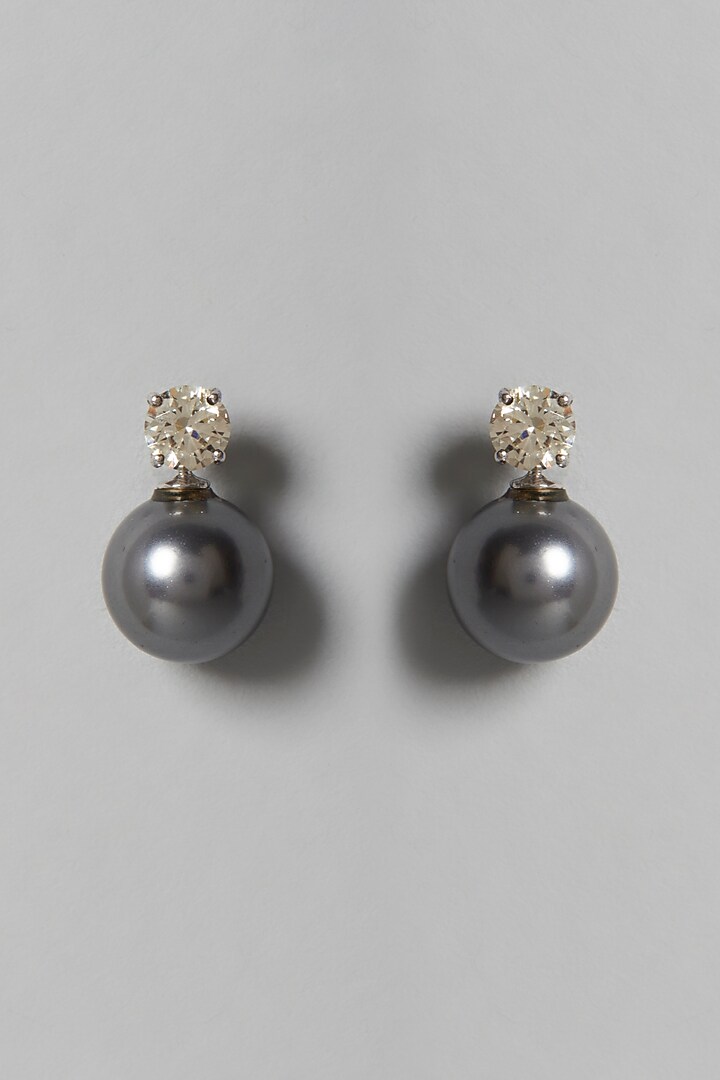 White Finish White Swarovski Zirconia & Black Pearl Dangler Earrings In Sterling Silver by Diosa Paris Jewellery at Pernia's Pop Up Shop