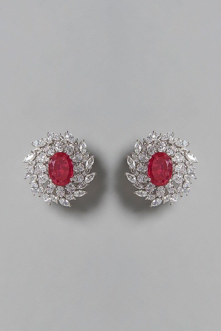 White Finish Red & White Swarovski Zirconia Stud Earrings In Sterling Silver by Diosa Paris Jewellery at Pernia's Pop Up Shop