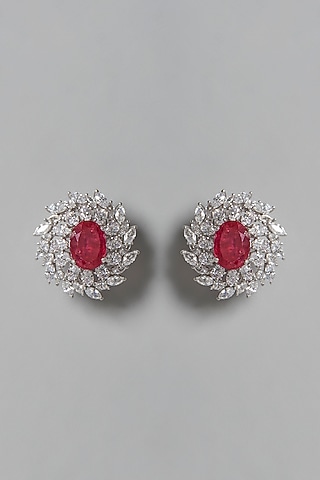 White Finish Red & White Swarovski Zirconia Stud Earrings In Sterling Silver by Diosa Paris Jewellery