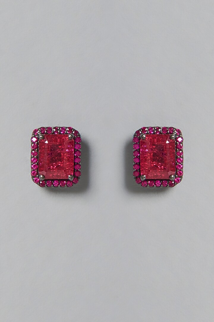 White Finish Red Swarovski Zirconia Stud Earrings In Sterling Silver by Diosa Paris Jewellery at Pernia's Pop Up Shop