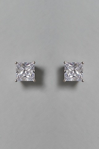 White Finish Swarovski Zirconia Stud Earrings In Sterling Silver by Diosa Paris Jewellery