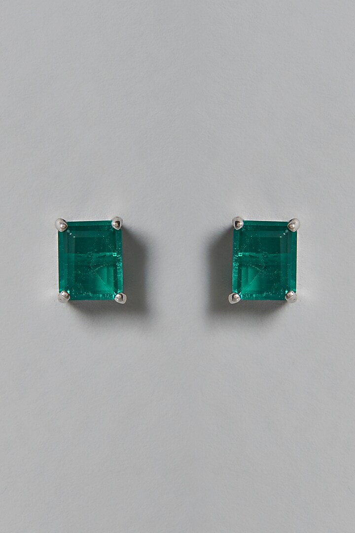White Finish Green Swarovski Zirconia Stud Earrings In Sterling Silver by Diosa Paris Jewellery at Pernia's Pop Up Shop