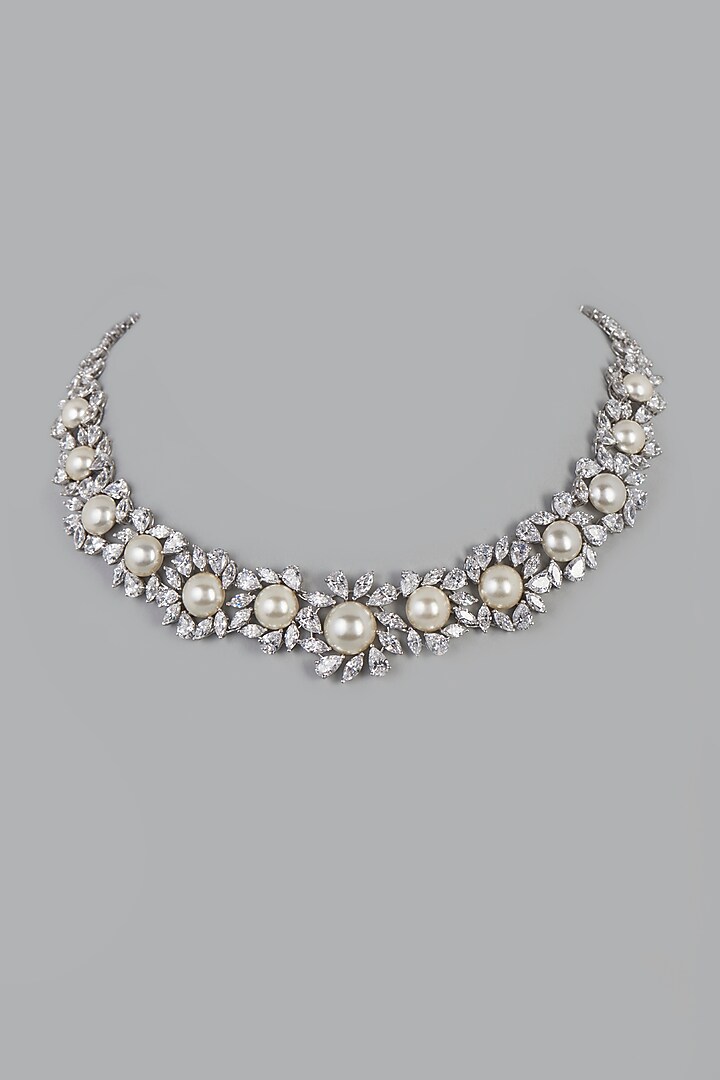 White Finish Swarovski Zirconia & Pearl Necklace In Sterling Silver by Diosa Paris Jewellery at Pernia's Pop Up Shop