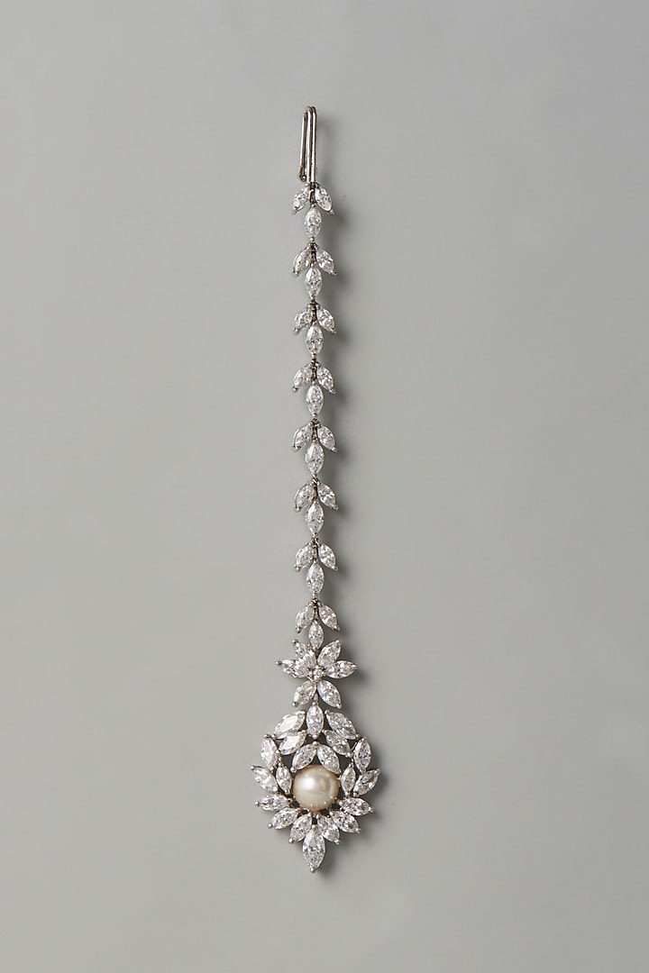 White Finish Swarovski Zirconia & Pearl Maangtikka In Sterling Silver by Diosa Paris Jewellery at Pernia's Pop Up Shop