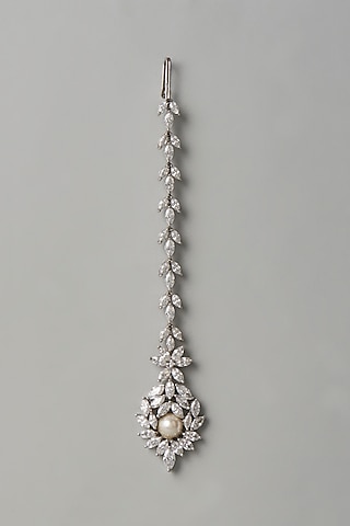 White Finish Swarovski Zirconia & Pearl Maangtikka In Sterling Silver by Diosa Paris Jewellery