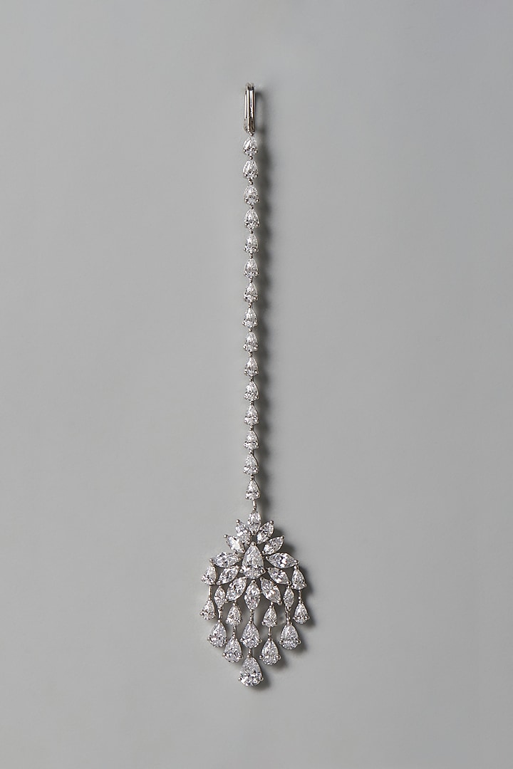 White Finish Swarovski Zirconia Maangtikka In Sterling Silver by Diosa Paris Jewellery at Pernia's Pop Up Shop